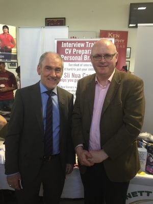 Tyrone football manager Mickey Harte (left) and Sli Nua Careers' MD Liam Horan at the recent Bank of Ireland Business Expo in Ballinrobe. 